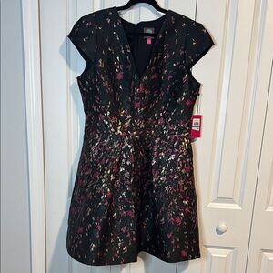 Vince Camuto Black Dress with Pink and Gold Floral Design